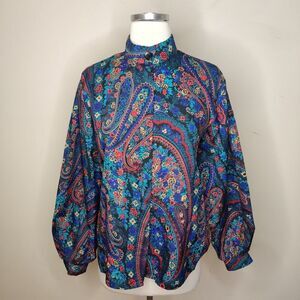 Jessica West Vintage Blouse Floral Paisley Button Up Bishop Sleeve